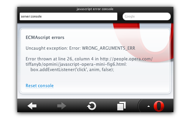 The conesole output for Opera dot com.