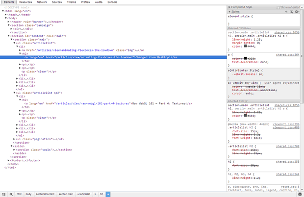 web inspector showing page, changing a heading