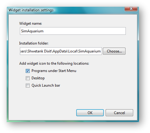 The Widget installation settings dialog box for Windows