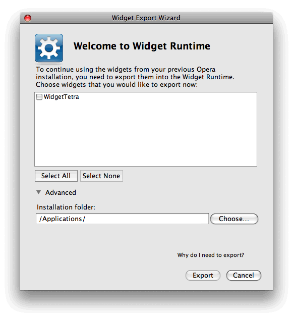 The Widget Export Wizard dialog box