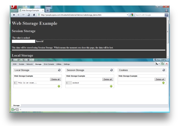 Screenshot of Opera Dragonfly providing Web Storage information for that page