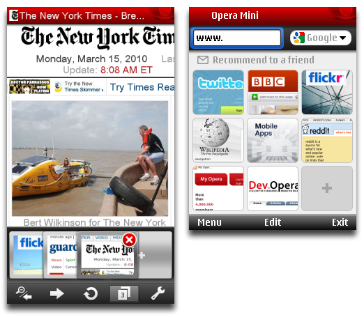 Opera Mini 5 showing a Web page and multiple tabs on a touchscreen device, and the Speed Dial on a keypad device