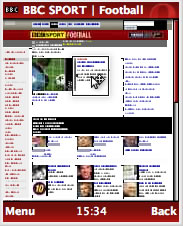 Small image of BBC web site viewed in Opera Mini 4, with zoom window ready to zoom