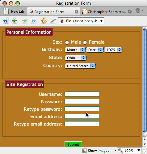 Our example layout, showing the disabled form elements at the bottom