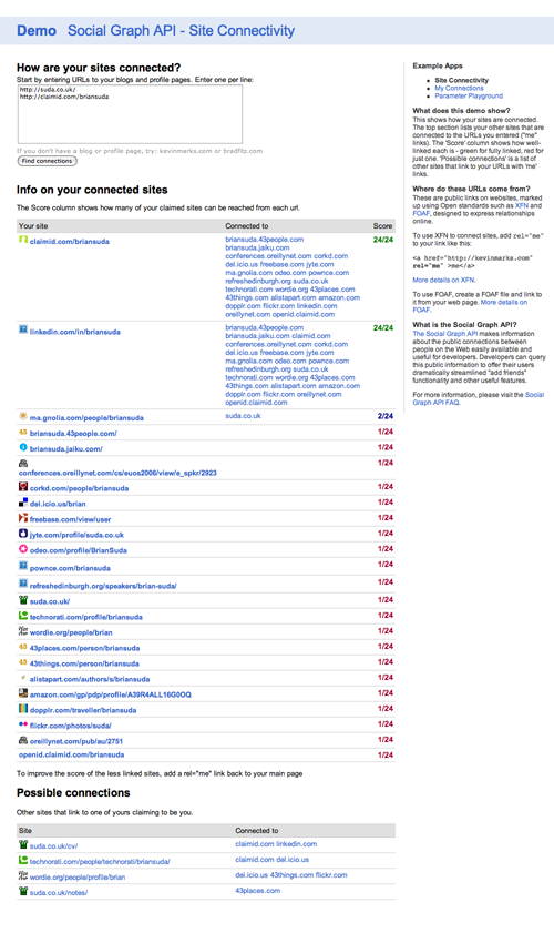 Brians connected URLs in Google Social API