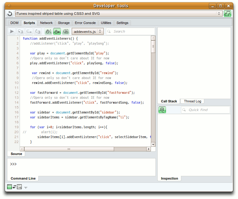 Examining a JavaScript file in Dragonfly