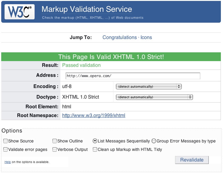 The w3c validator showing the page is valid xhtml 1.0 strict