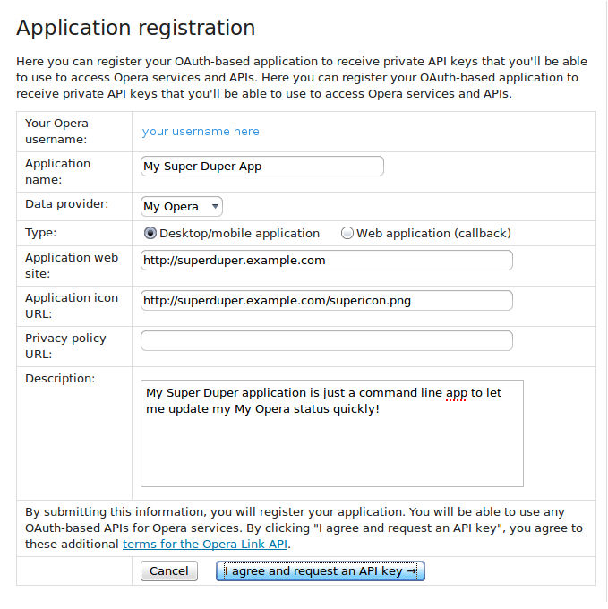 An example of registering a new application with OAuth