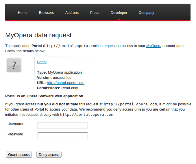 The Opera Portal authorization page