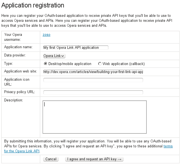 OAuth application registering scren