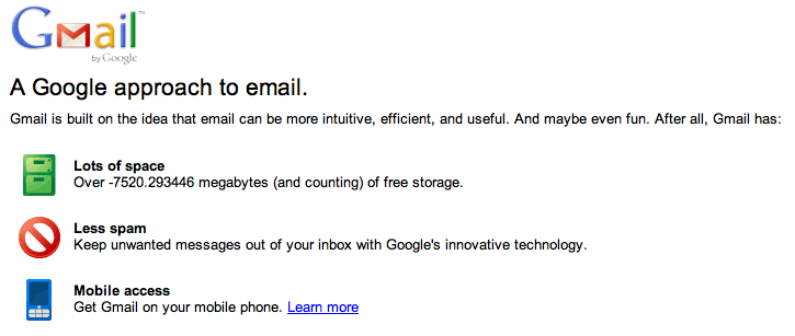 GMail login page with negative storage counter, just for fun