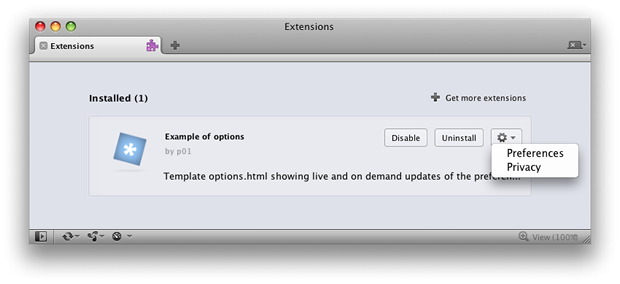 The new Opera extensions options page functionality, reachable through the Extension Manager.