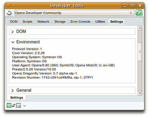 The Opera Dragonfly environment tab, showing it is connected to the Symbian OS.