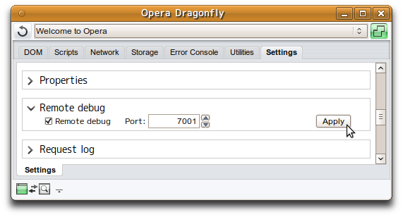 The settings needed to set up remote debugging in Opera Dragonfly