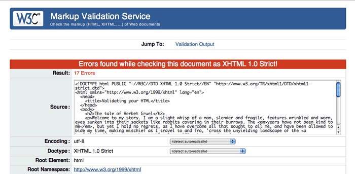 The results of validating the sample document is 17 errors