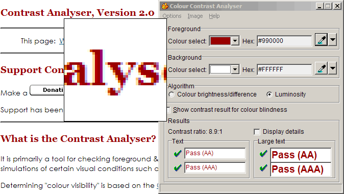 The CCA tool showing a test of heading colour.