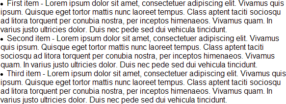 Screenshot of unordered list with text wrapping below bullets.