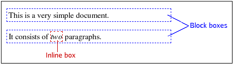 The P elements generate block boxes and the EM element generates an inline box