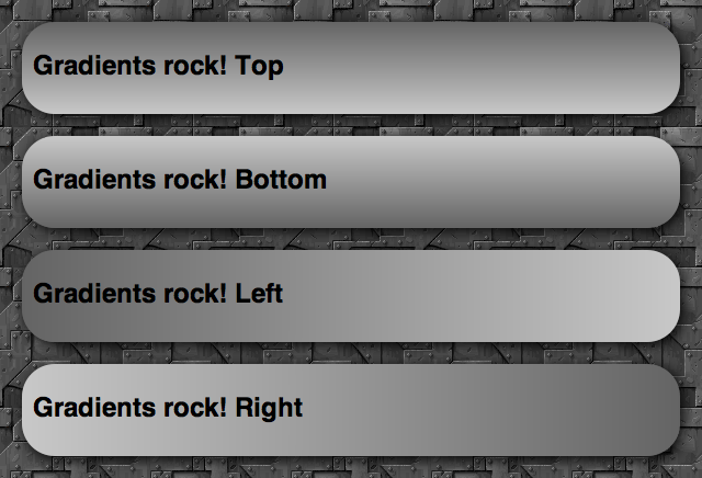 Altering the angle keyword between to bottom, to top, to right, and to left, respectively