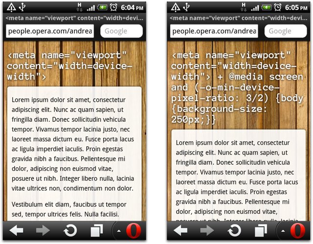 screenshot of pages with and without device-pixel-ratio media query