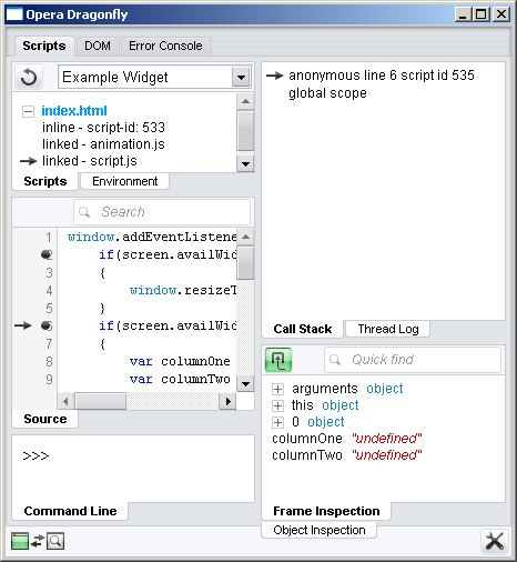 Opera Dragonfly window showing the breakpoints inside our script.