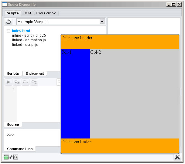Opera Dragonfly showing script infomration for our example Widget