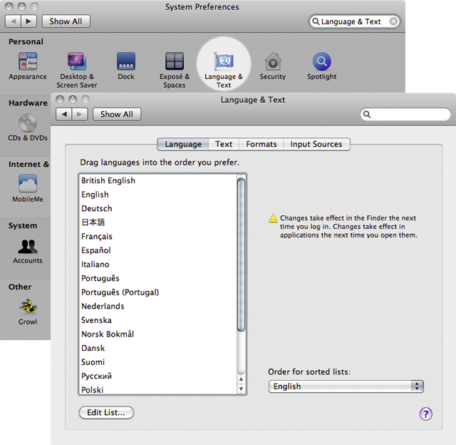 Language &amp; Text preferences dialog in OS X