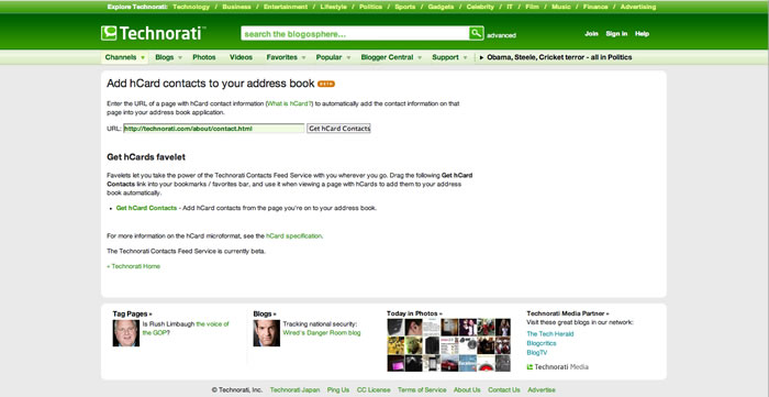 The Technorati hCards contacts page