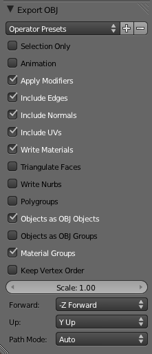 Blender Export OBJ dialog box