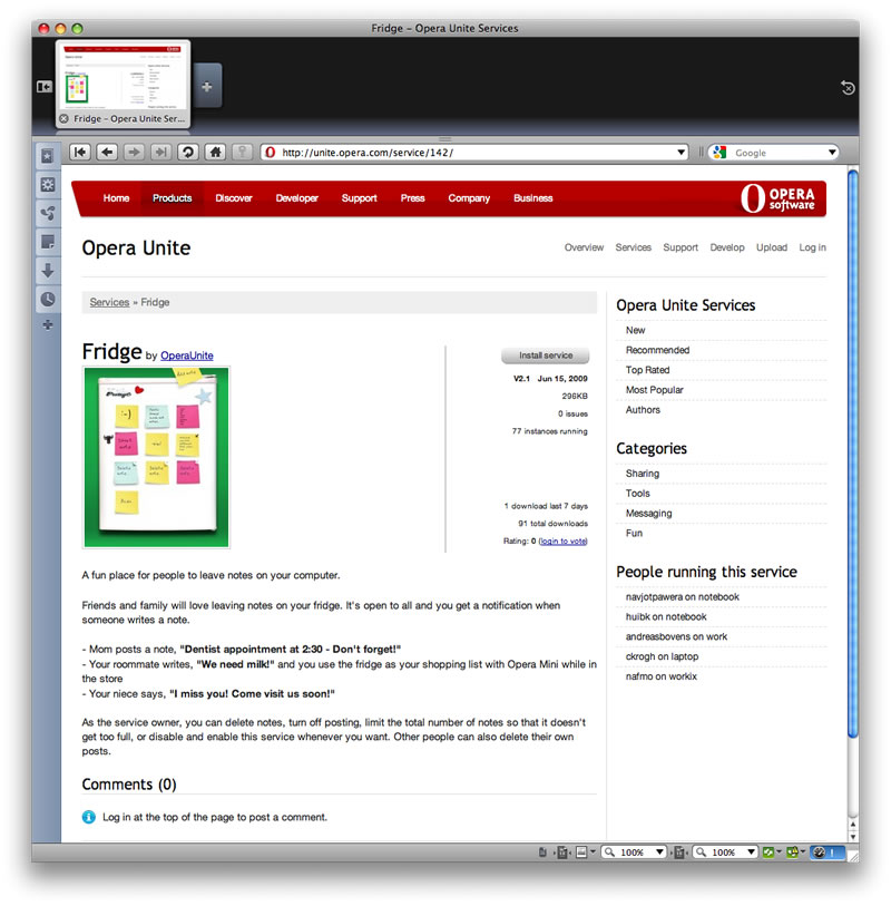 an Opera Unite service on the Opera Unite home page