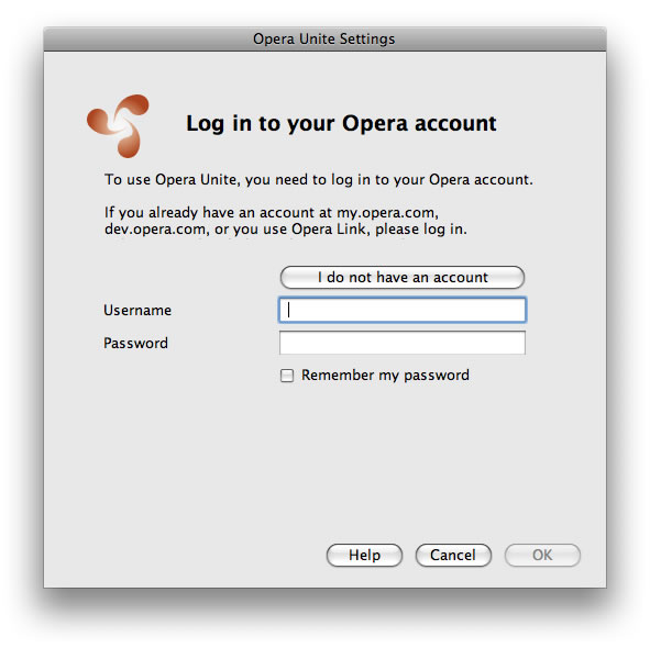 The Opera Unite log in screen