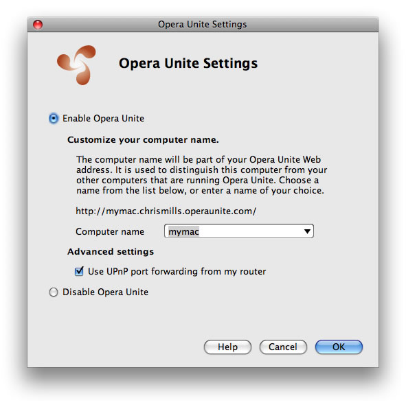 choosing an Opera Unite identification name for your computer