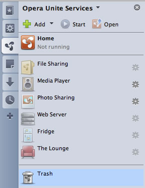 The Opera Unite services panel
