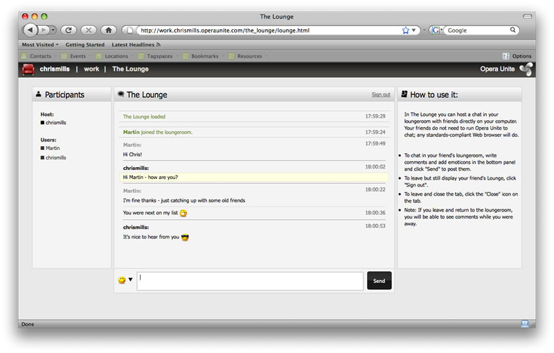 Having a good conversation in the Opera Unite Lounge with Firefox