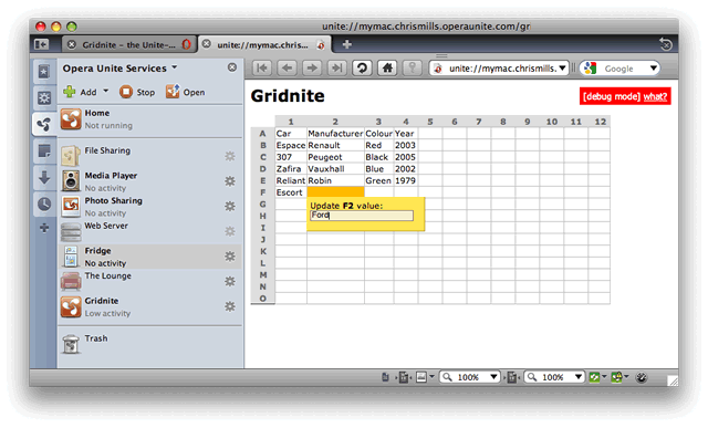 The Gridnite service showing the edit field