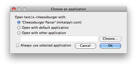 once the content registration has been allowed, the user is now given the choice of handling the content with our custom cheeseburger handler.