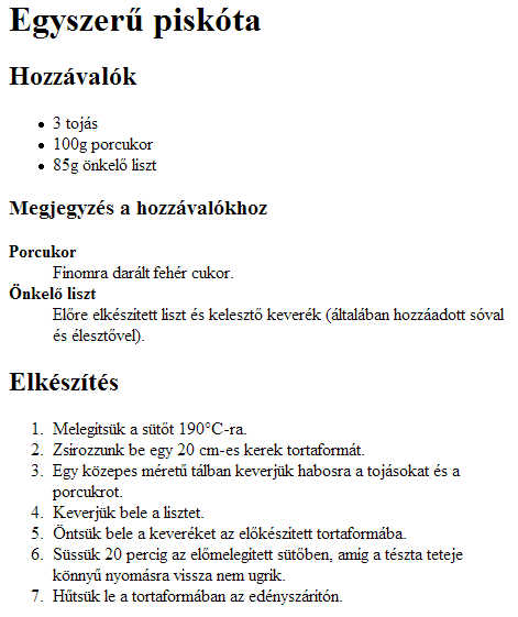 A recept oldal a megfelelő listákkal és vastagított definíciókkal