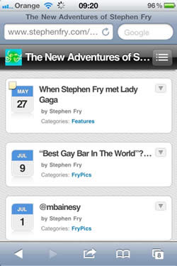 Stephen Fry's mobile website, a simple one column layout containing just text