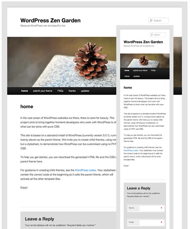 The Twenty Ten WordPress theme shown in desktop and mobile versions