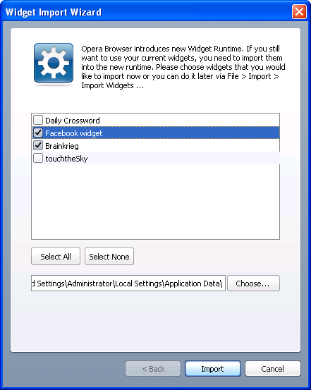 The Widget Import Wizard dialog box