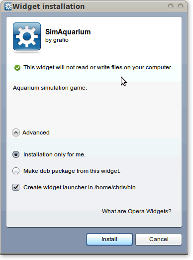 The Widget installation dialog box for Linux