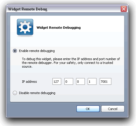 The remote debugging dialog box