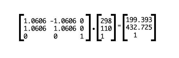 Calculating the effect of the above compound transform matrix returns coordinates of 316.0588,432.4248.